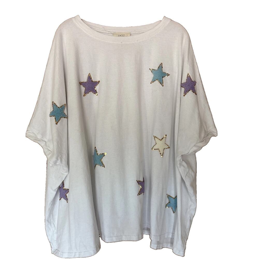 Fantastic Fawn Oversized Large White 3D Stars Sequins Boxy Tee Top Kimono Sleeve